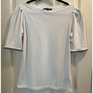 LAUREN RALPH LAUREN WHITE ELBOW SLEEVE KNIT TOP, BLUE/WHITE SLEEVES, LARGE